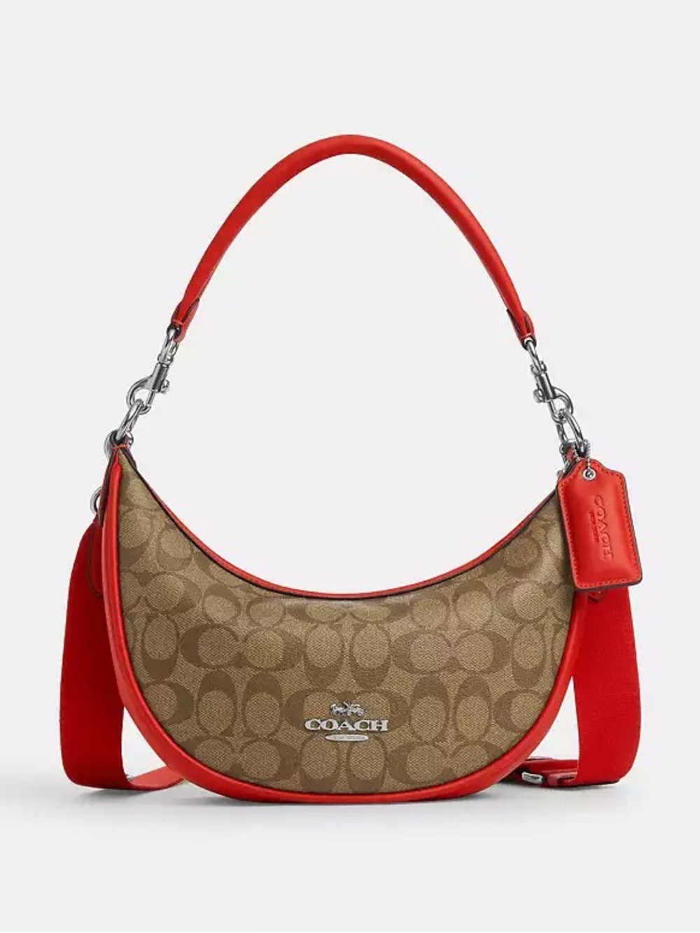 Coach Brown Signature Canvas Crescent Shoulder Bag with Red Trim